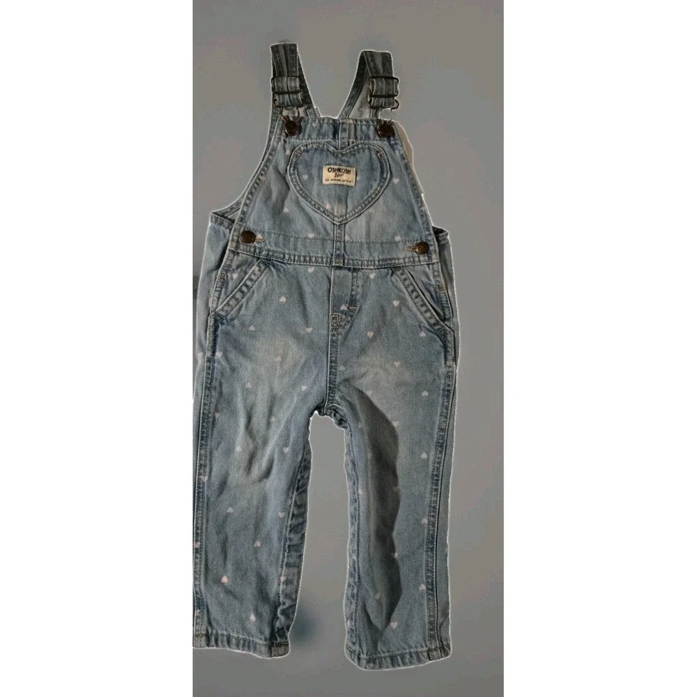 OshKosh B'gosh‎ Baby Girl's Vestbak Pink Hearts Denim Overalls Size 18M
